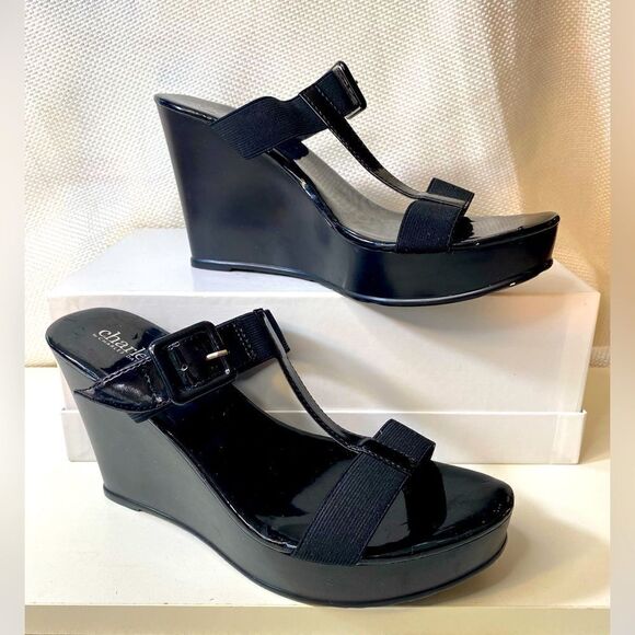 Charles by Charles David patient leather platform wedge t strap elastic sandals - Picture 1 of 8